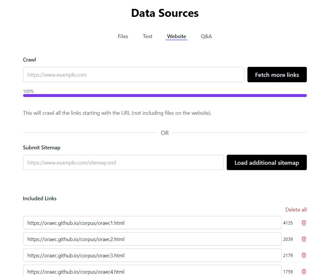 Chatbase: Data Sources; Crawl Websites
